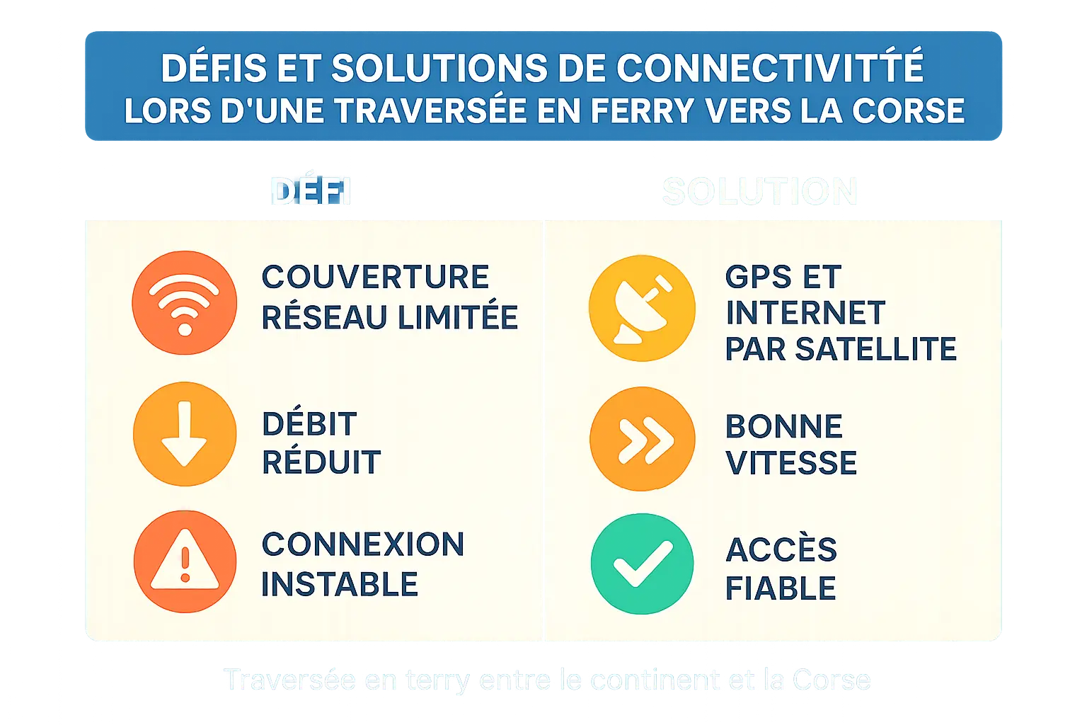 Défis et solutions de connectivité Wi-Fi sur un ferry vers la Corse, avec un bateau en mer et des signaux de connexion.