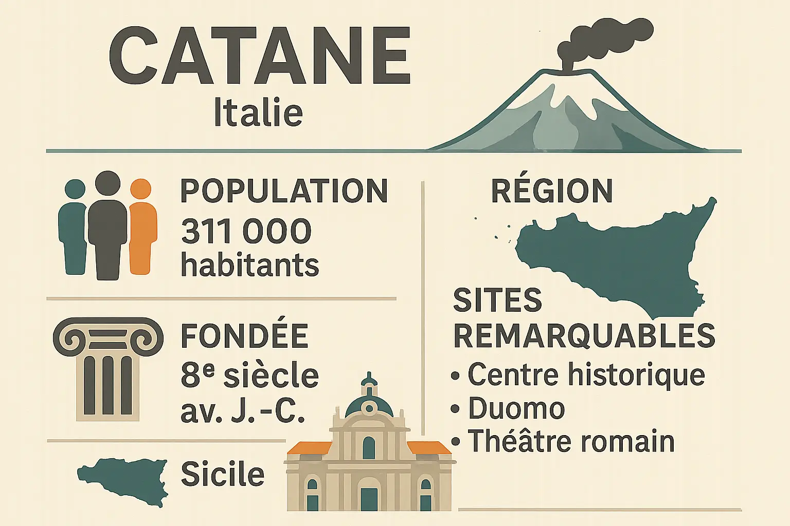 Vue panoramique de <strong>Catane sous le regard majestueux de l’Etna</strong>, avec ses toits en terrasses et les ruelles pavées de pierre volcanique noire »></p><p>Catane se révèle dans l’immédiateté de ses ruelles en pierre noire. La ville respire <strong>l’histoire par chaque pore de sa lave</strong>. Sur la Piazza del Duomo, la fontaine de l’Éléphant veille, sculptée dans cette même lave qui a failli tout emporter. Plus loin, le marché aux poissons exhale des arômes marins, où un poulpe cru et une brioche dorée révèlent une Sicile sans fard.</p><p>L’air porte la mémoire de l’Etna. Ce colosse silencieux se drape de brume matinale. De la Villa Bellini, ses pentes couvertes de vignes et d’agrumes contrastent avec les coulées de lave figées. Catane ne se contente pas d’être visitée : elle s’imprime dans les sens, entre les rires des vendeurs de granita, les ruines antiques et la mer qui lèche ses plages noires. Ici, la pierre raconte la résilience, et l’âme de la Méditerranée vibre au rythme des générations qui l’habitent.</p><h2 id=