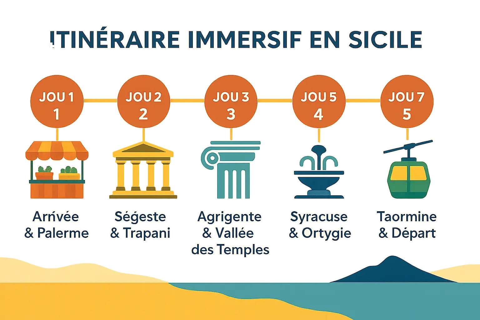 Paysage sicilien avec les toits ocre des maisons de Taormine et l'Etna en arrière-plan sous le ciel bleu méditerranéen