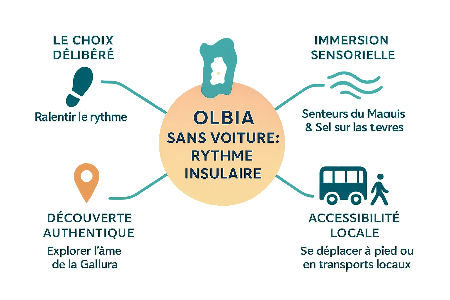 Vue sur le port d'Olbia avec des couleurs chaudes du coucher de soleil, <strong>illustrant l’ambiance méditerranéenne</strong>. »></p>
<p>Le ferry tangue doucement sur l’eau turquoise. À mesure qu’Olbia se dessine au loin, l’air marin s’imprègne de senteurs de maquis et de pain cuit. Les cloches de la Basilique San Simplicio résonnent, tandis que les toits ocre dansent sous la lumière dorée. Ici, le voyageur pressé n’a pas sa place : <strong>Olbia s’explore sans voiture, au rythme des passants</strong> qui flânent entre les murs de pierre.</p>
<p>Les bus ASPO, fréquents et abordables (1,00 EUR le ticket), desservent plages et villages. La ligne 40 Beaches Express, en été, mène à Pittulongu en 30 minutes pour 5,00 EUR. À pied, tout se tient : 10 minutes entre le Musée Archéologique et la Grande Roue, 15 pour relier l’Église San Paolo Apostolo au Parc Fausto Noce. Pourquoi courir quand <strong>le temps semble suspendu</strong> ?</p>
<p>Le soir, le Corso Umberto I s’anime. Les terrasses débordent de rires et d’assiettes fumantes de culurgiones, ces raviolis locaux. Un verre de Cannonau à la main, on comprend que <strong>visiter Olbia sans véhicule est une chance</strong> : elle dévoile ses secrets aux promeneurs, entre les étals colorés du marché matinal et les balades le long de l’aqueduc romain.</p>
</div>
<h2 id=