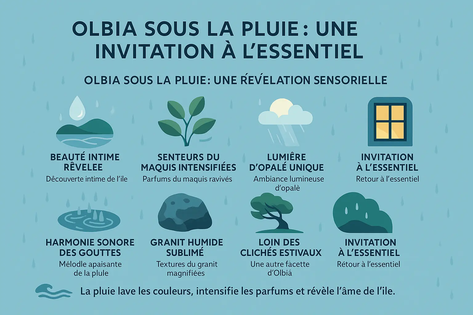 Olbia sous la pluie : lumière tamisée sur les ruelles pavées et les façades colorées, avec un verre de vin local sur une table en bois.
