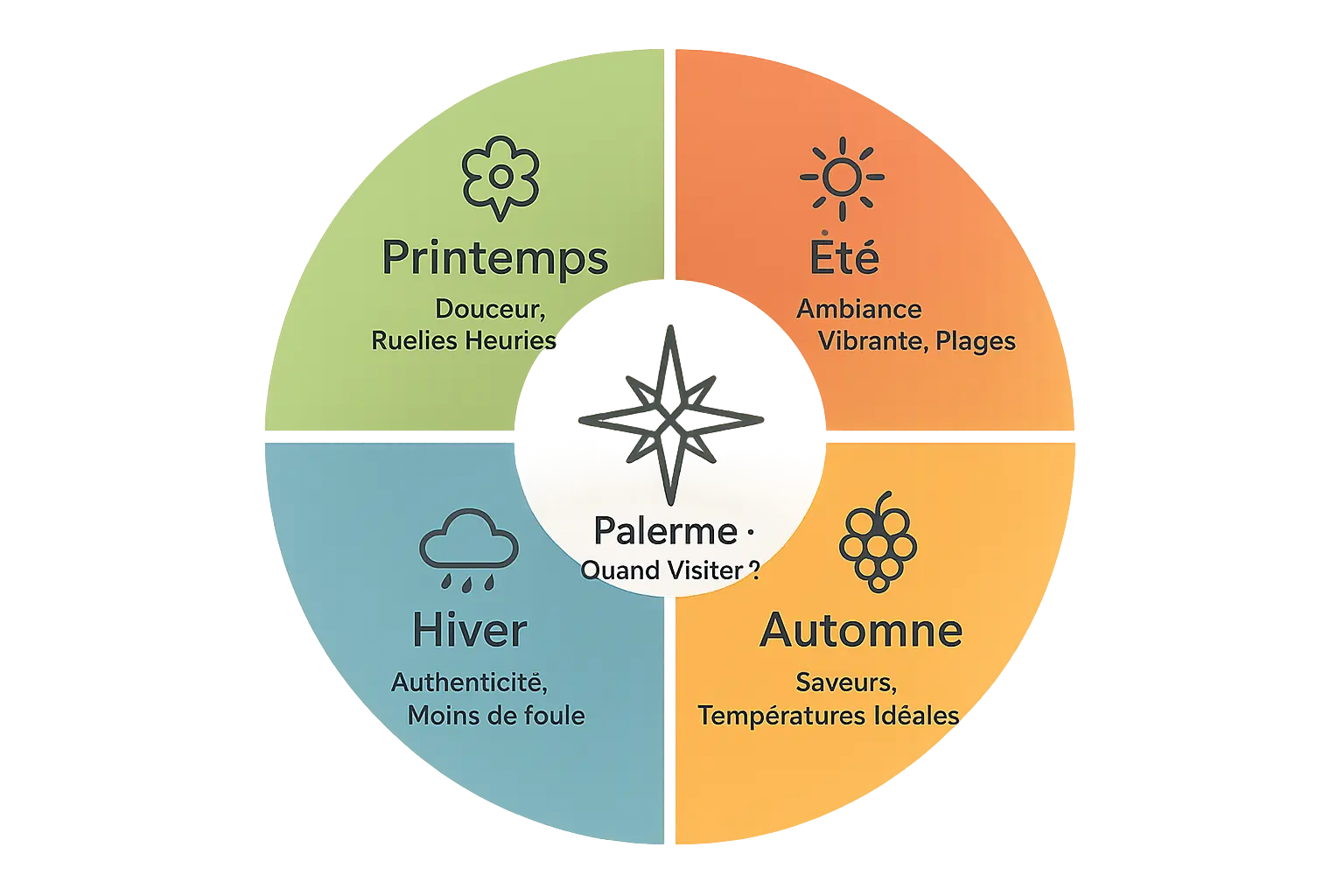 <strong>Infographie des saisons à Palerme</strong> : printemps et automne en bleu ciel, été en soleil éclatant, hiver en nuances douces