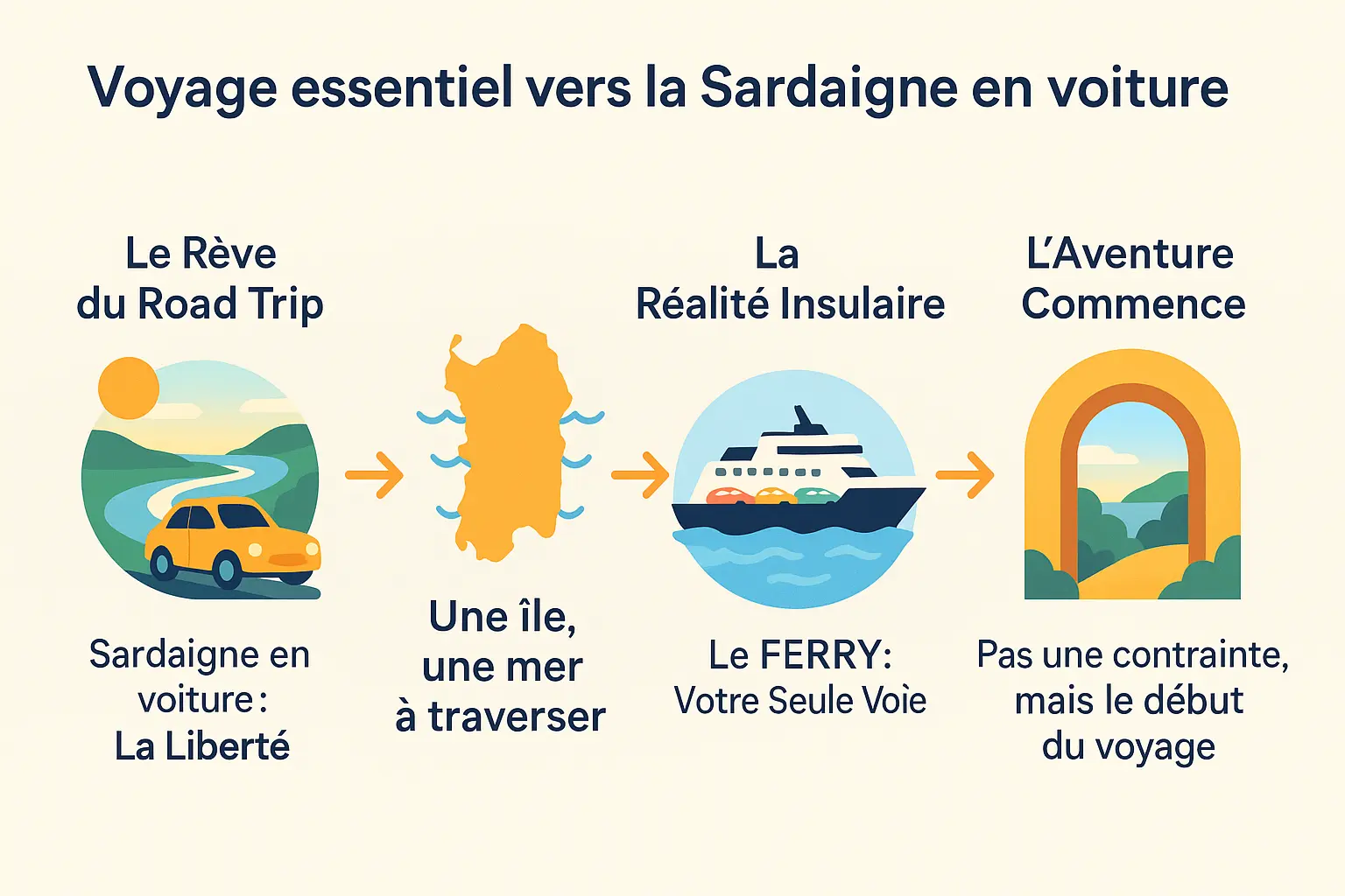 Vue arrière d'une voiture sur le pont d'un ferry, regardant vers la côte sarde au loin sous un ciel ensoleillé.