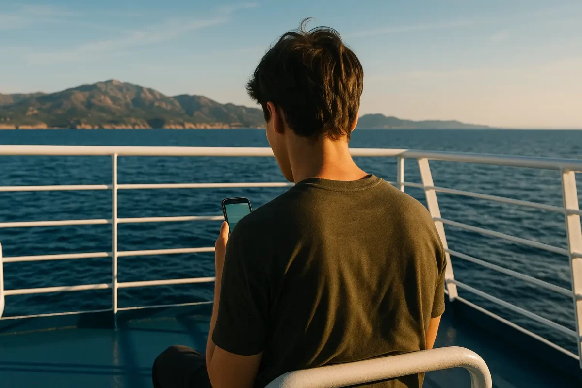 Gros plan sur un voyageur de dos sur un ferry regardant son smartphone avec la mer et les montagnes corses en arrière-plan.