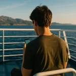 Wifi traversée Corse : Le point chez les differentes compagnies maritimes Gros plan sur un voyageur de dos sur un ferry regardant son smartphone avec la mer et les montagnes corses en arrière-plan.