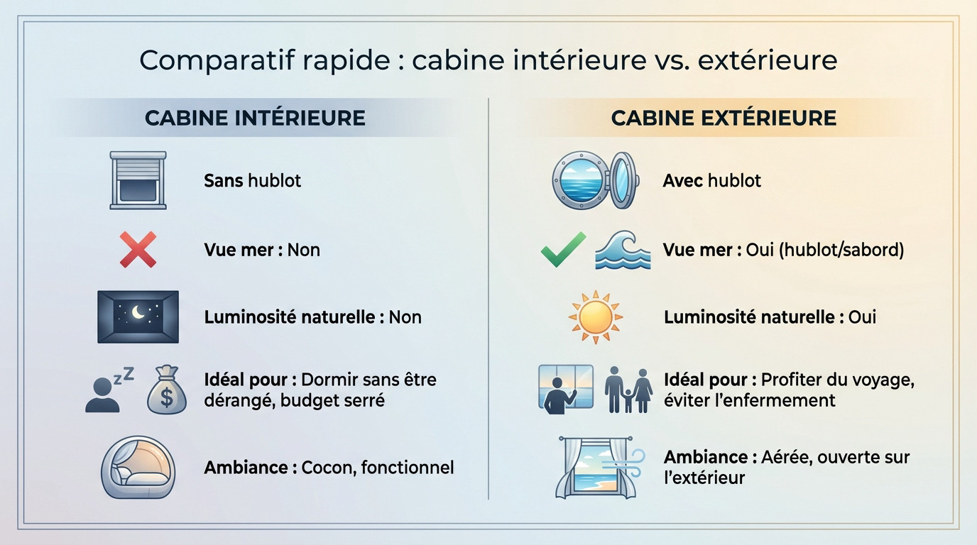 Comparatif visuel entre une cabine intérieure et une cabine extérieure sur un ferry pour la Corse
