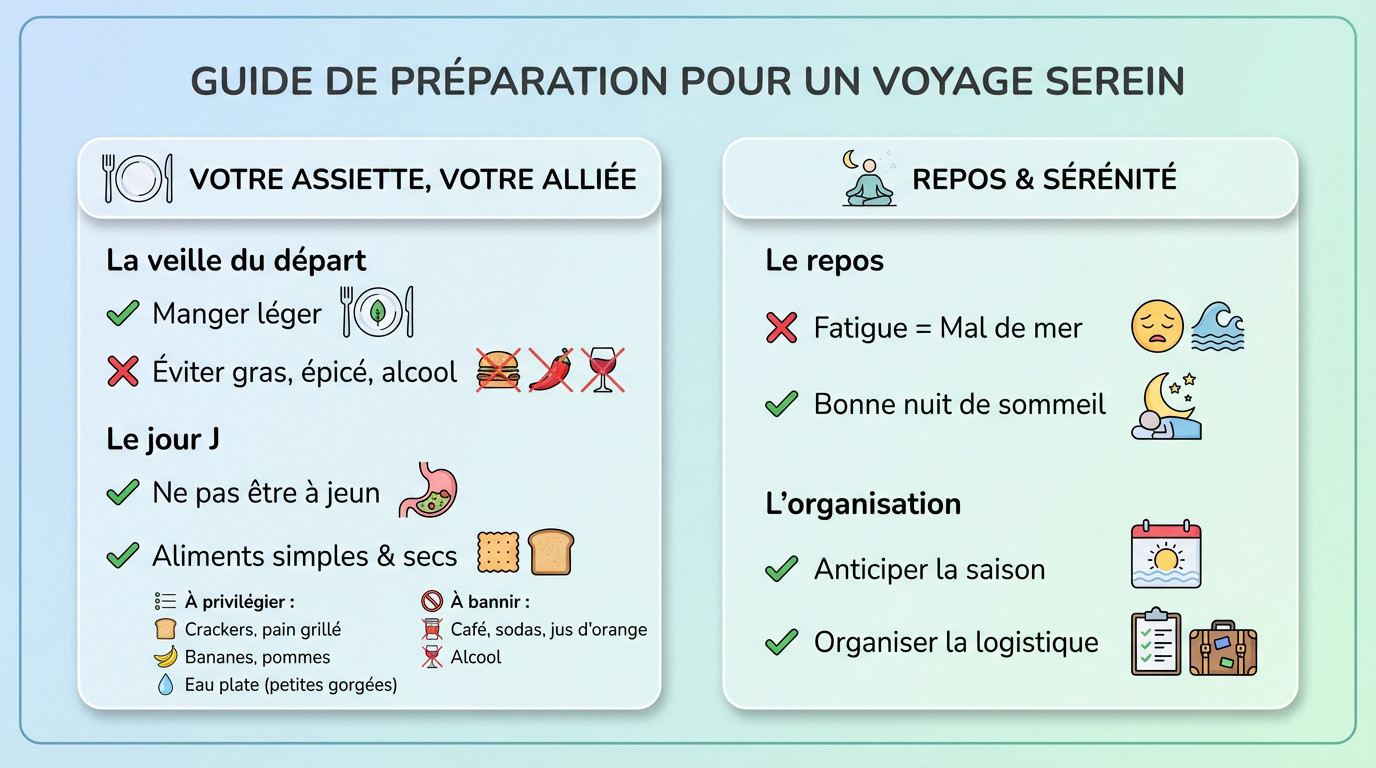 Préparation des bagages et choix d'aliments sains avant une traversée en ferry vers la Corse