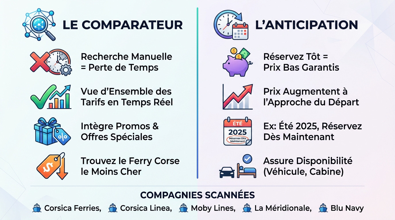 Infographie montrant l'importance de comparer et d'anticiper pour réserver un ferry vers la Corse