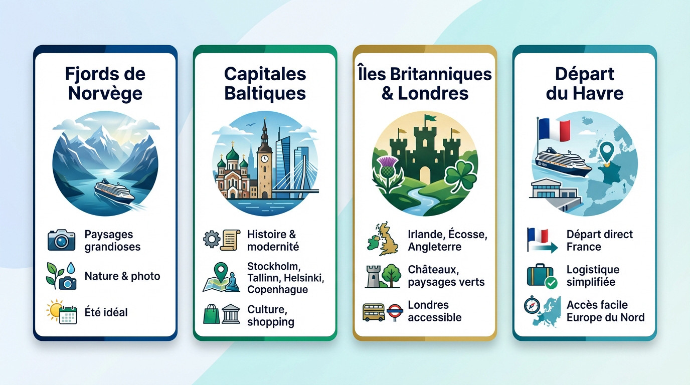 Carte illustrant les itinéraires de croisière MSC en Europe du Nord, des fjords aux capitales baltes