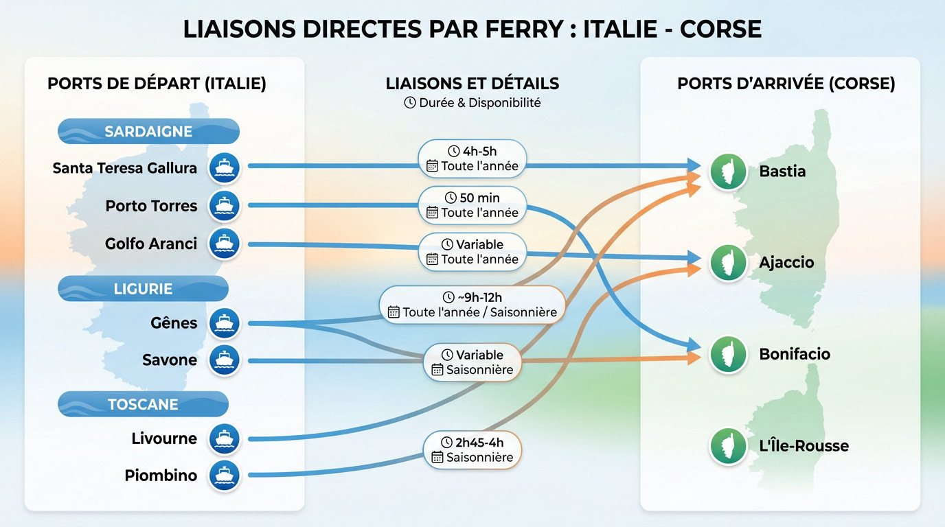 Carte illustrant les liaisons maritimes directes en ferry entre les ports d'Italie et la Corse