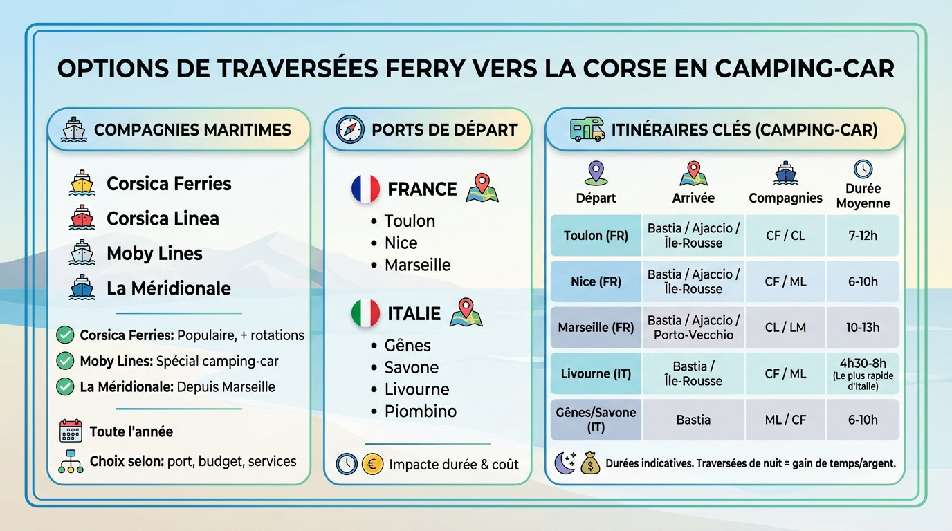 Comparatif des options de traversées en ferry vers la Corse pour camping-car