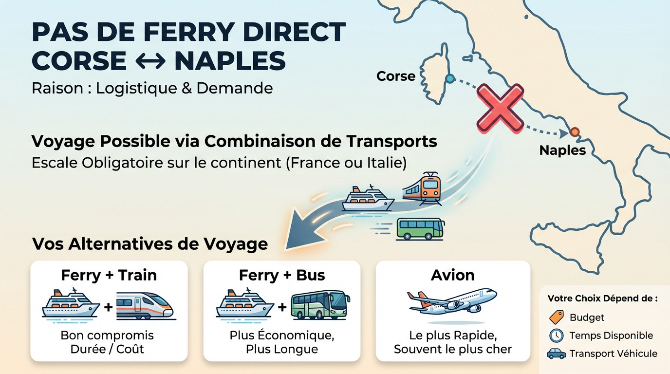 Carte illustrant l'absence de liaison maritime directe entre la Corse et Naples et les itinéraires alternatifs