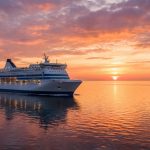 Grand ferry blanc naviguant sur une mer calme au coucher du soleil, reflets oranges et roses dans le ciel et l'eau.
