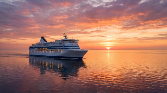 Grand ferry blanc naviguant sur une mer calme au coucher du soleil, reflets oranges et roses dans le ciel et l'eau.