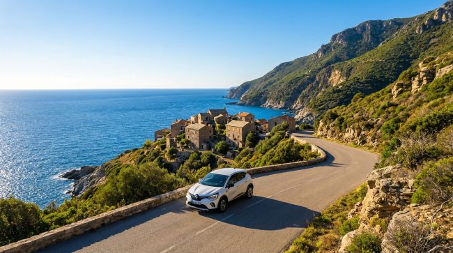 Voiture blanche sur route sinueuse le long de la côte du Cap Corse, avec un village traditionnel en pierre et la mer Méditerranée. Jour ensoleillé.