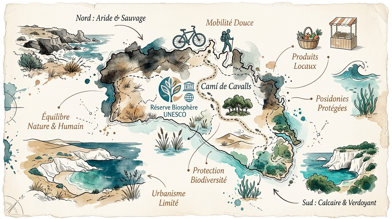 Carte de Minorque illustrant la préservation de la nature et les zones de mobilité douce