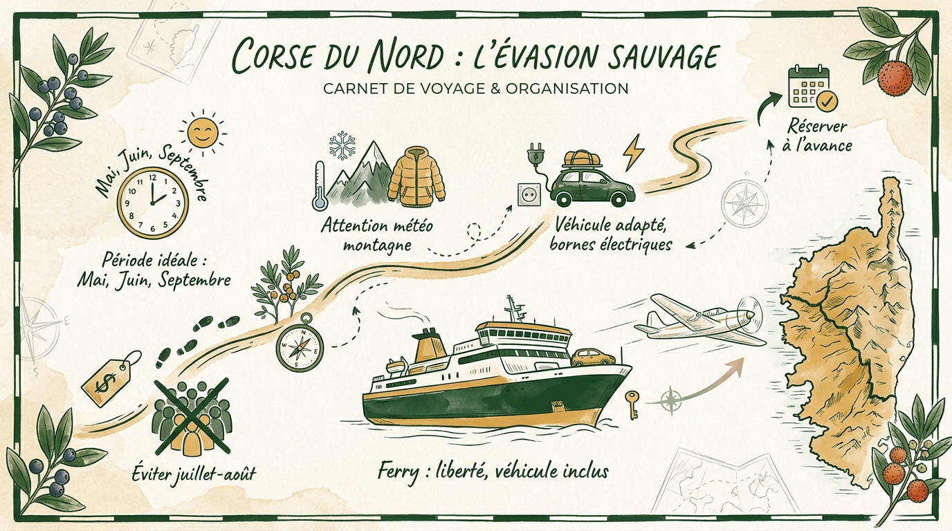 Préparation d'un itinéraire de voyage en Corse du Nord avec carte et accessoires