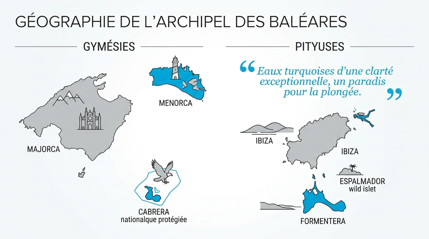 Carte des Baléares montrant les Gymésies et les Pityuses