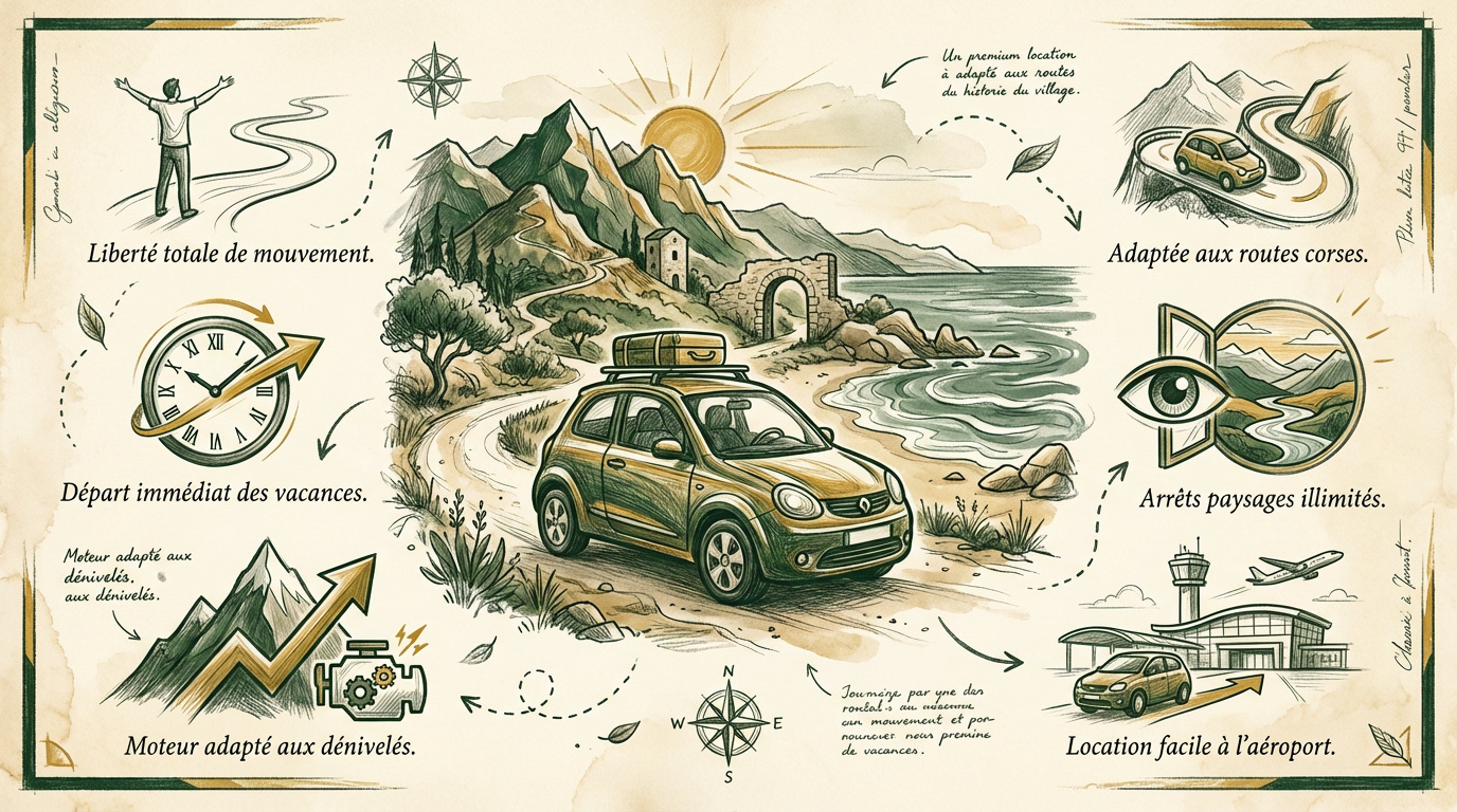 Véhicule de location stationné devant un panorama côtier au Cap Corse