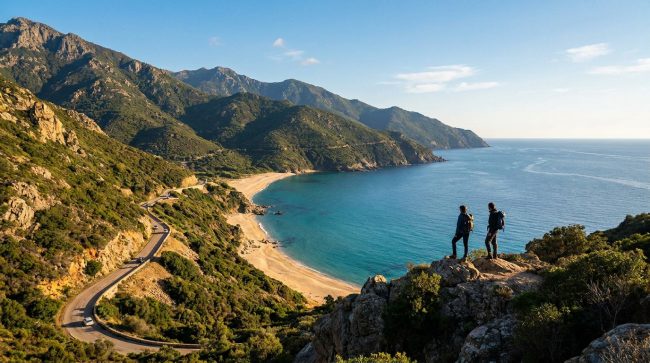 Deux randonneurs contemplent un paysage côtier corse avec montagnes, route sinueuse, plage de sable et mer turquoise.