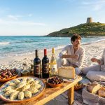 Couple souriant pique-niquant sur une plage sarde au coucher du soleil, avec vin, fromage et spécialités locales.
