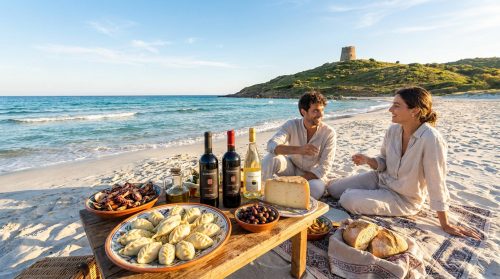 Couple souriant pique-niquant sur une plage sarde au coucher du soleil, avec vin, fromage et spécialités locales.