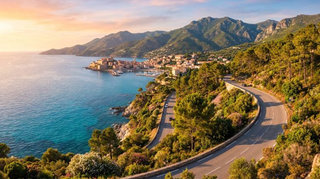 Route côtière sinueuse surplombant la mer turquoise et un village portuaire méditerranéen en Corse au coucher du soleil.