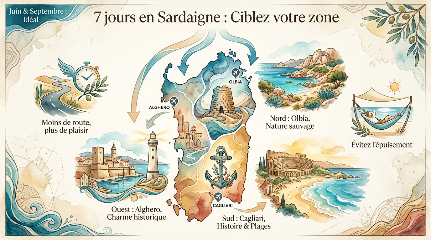 Carte stratégique pour organiser son itinéraire de 7 jours en Sardaigne par zone
