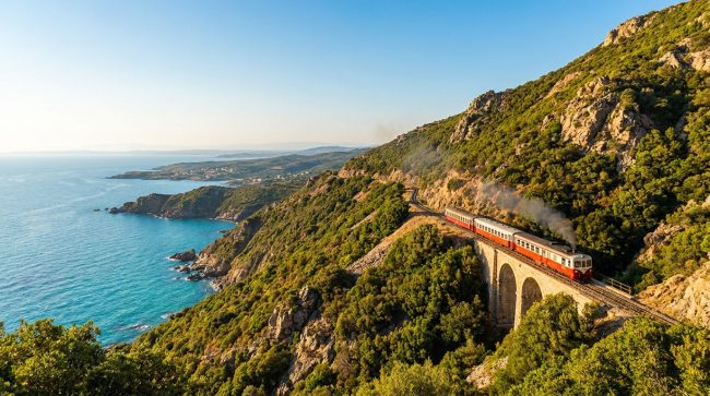 Un train rouge et blanc, le Trinighellu, traverse un viaduc en pierre le long d'une côte rocheuse et verdoyante de Corse, avec la mer turquoise à gauche.
