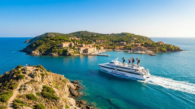 Ferry Moby naviguant vers un village côtier méditerranéen sur une île verdoyante, sous un ciel bleu clair.