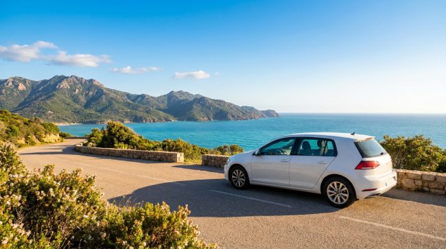Voiture blanche garée sur une route côtière en Corse avec la mer turquoise et les montagnes verdoyantes en arrière-plan.