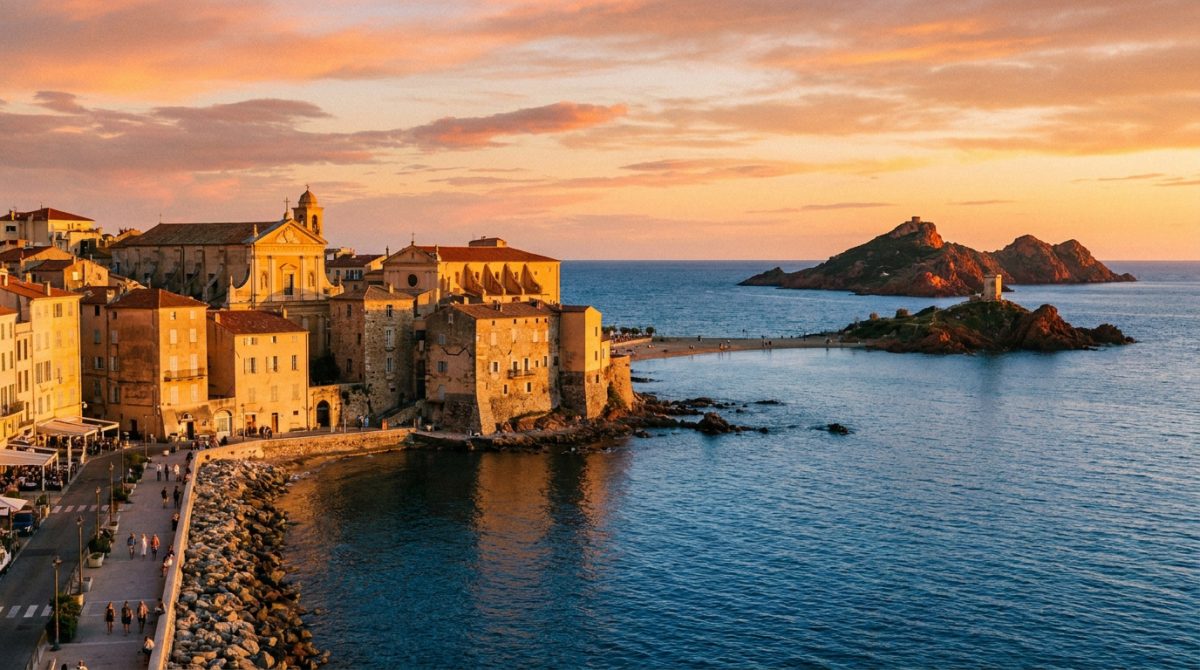 Vue panoramique d'Ajaccio au coucher du soleil avec la cathédrale et les îles Sanguinaires en arrière-plan.