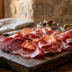 Charcuterie corse : lonzu, coppa, prisuttu et l'AOP Fines tranches de charcuterie corse servies sur une planche en bois rustique avec des olives et des cornichons.