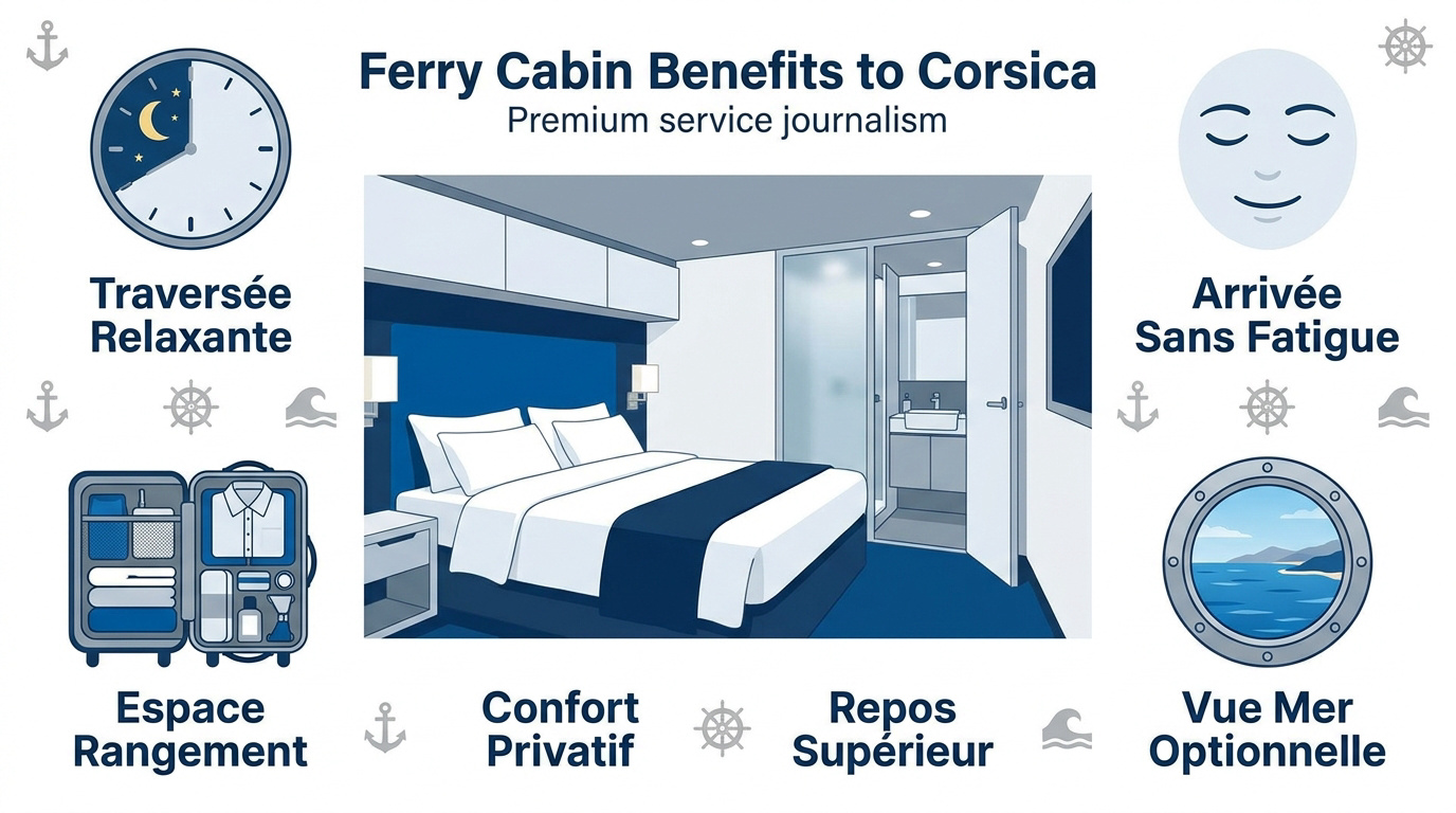 Passagers se détendant dans une cabine de ferry confortable vers la Corse
