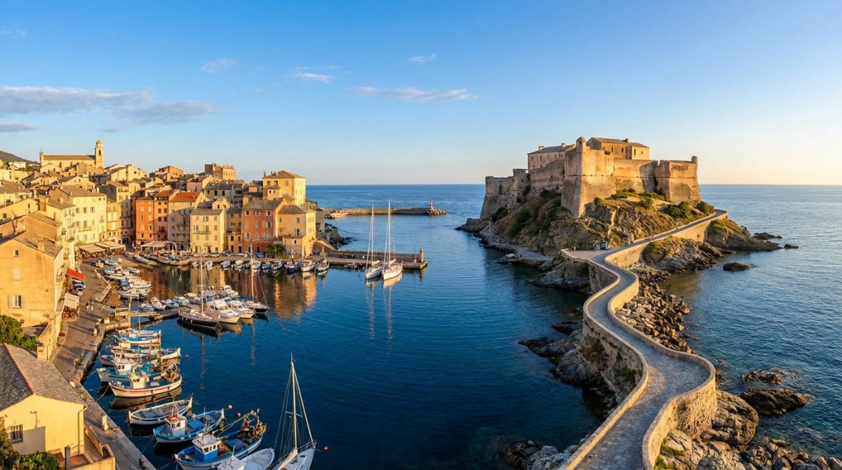 Vue aérienne du vieux port de Bastia avec ses bateaux et la citadelle historique surplombant la mer Méditerranée.