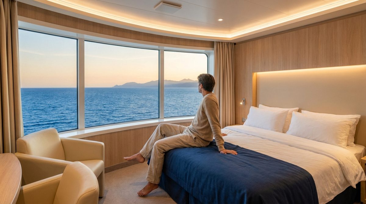 Un homme assis sur un lit dans une cabine de ferry moderne, admirant une vue sur la mer au coucher du soleil.