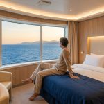Un homme assis sur un lit dans une cabine de ferry moderne, admirant une vue sur la mer au coucher du soleil.