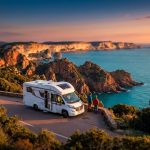 La Corse en camping-car : itinéraire, aires et conseils Un camping-car garé sur une route côtière en Corse avec deux personnes admirant le coucher de soleil sur la mer.
