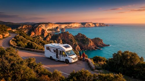 Un camping-car garé sur une route côtière en Corse avec deux personnes admirant le coucher de soleil sur la mer.
