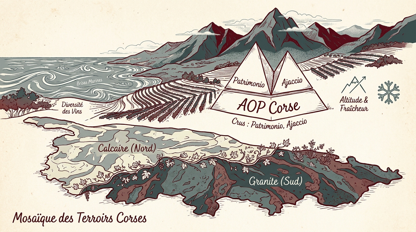 Carte stylisée des terroirs et des appellations des vins de Corse