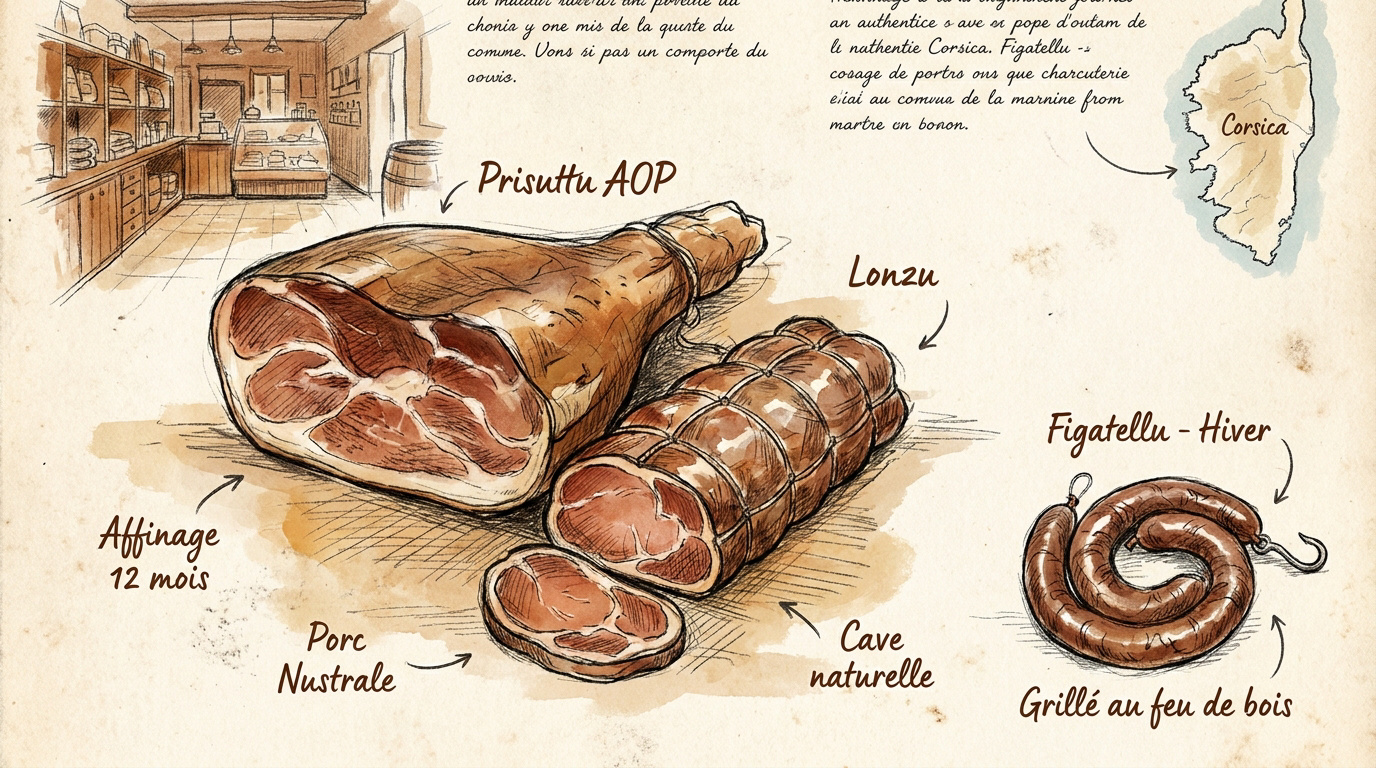 Plateau de charcuterie corse traditionnelle avec Prisuttu, Lonzu et Figatellu