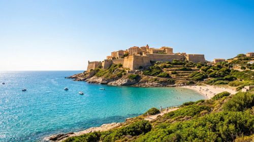 Vue panoramique de la citadelle historique de Calvi surplombant une plage de sable et une eau turquoise en Corse.