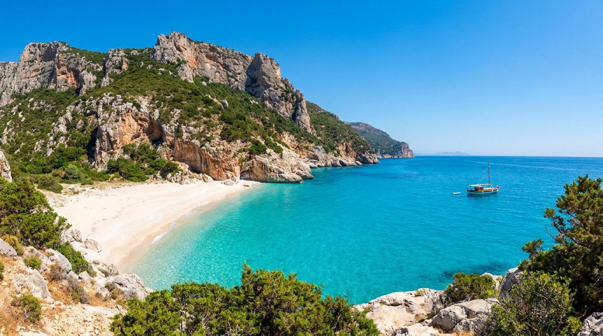 Une crique isolée avec une plage de sable blanc et des falaises rocheuses surplombant une mer turquoise en Sardaigne.
