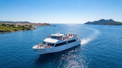 Un ferry blanc navigue sur une mer bleue, avec des passagers à bord et la côte méditerranéenne en arrière-plan.