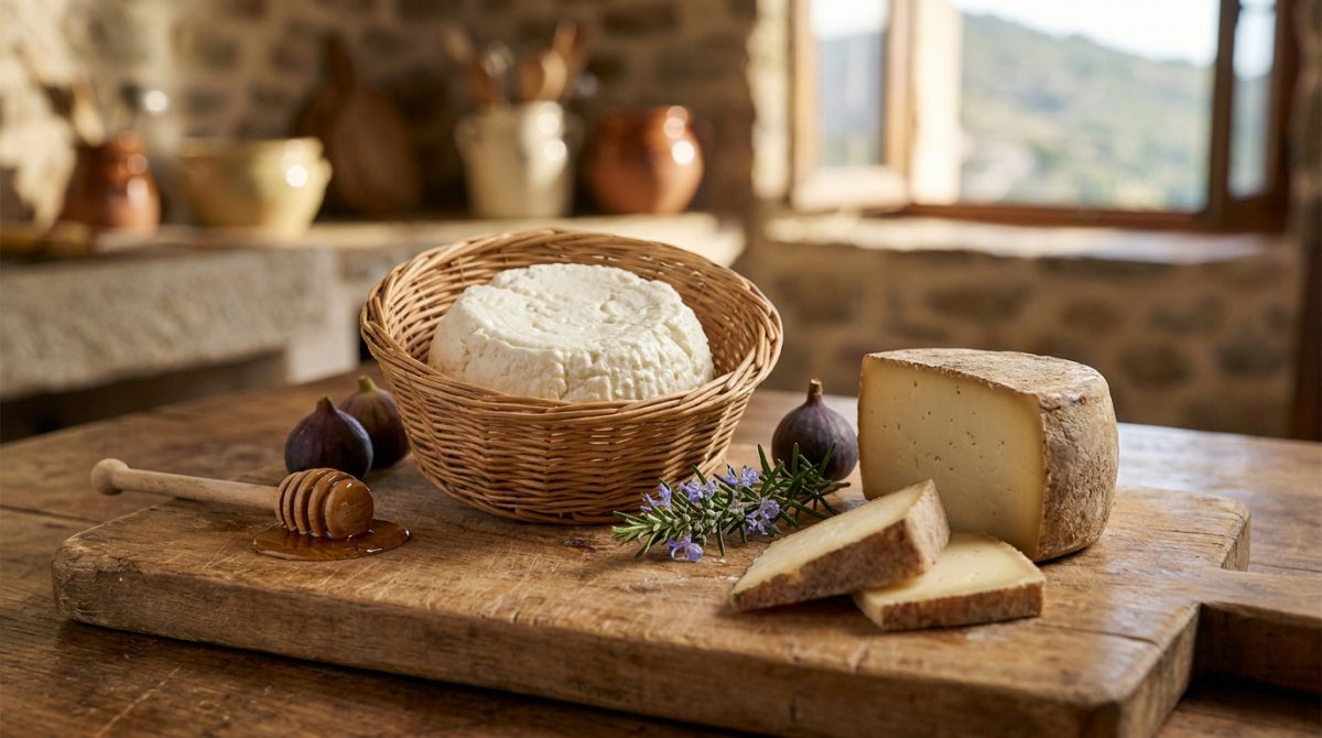 Un brocciu dans un panier en osier et une tomme coupée sur une planche en bois avec des figues et du miel.