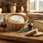 Un brocciu dans un panier en osier et une tomme coupée sur une planche en bois avec des figues et du miel.