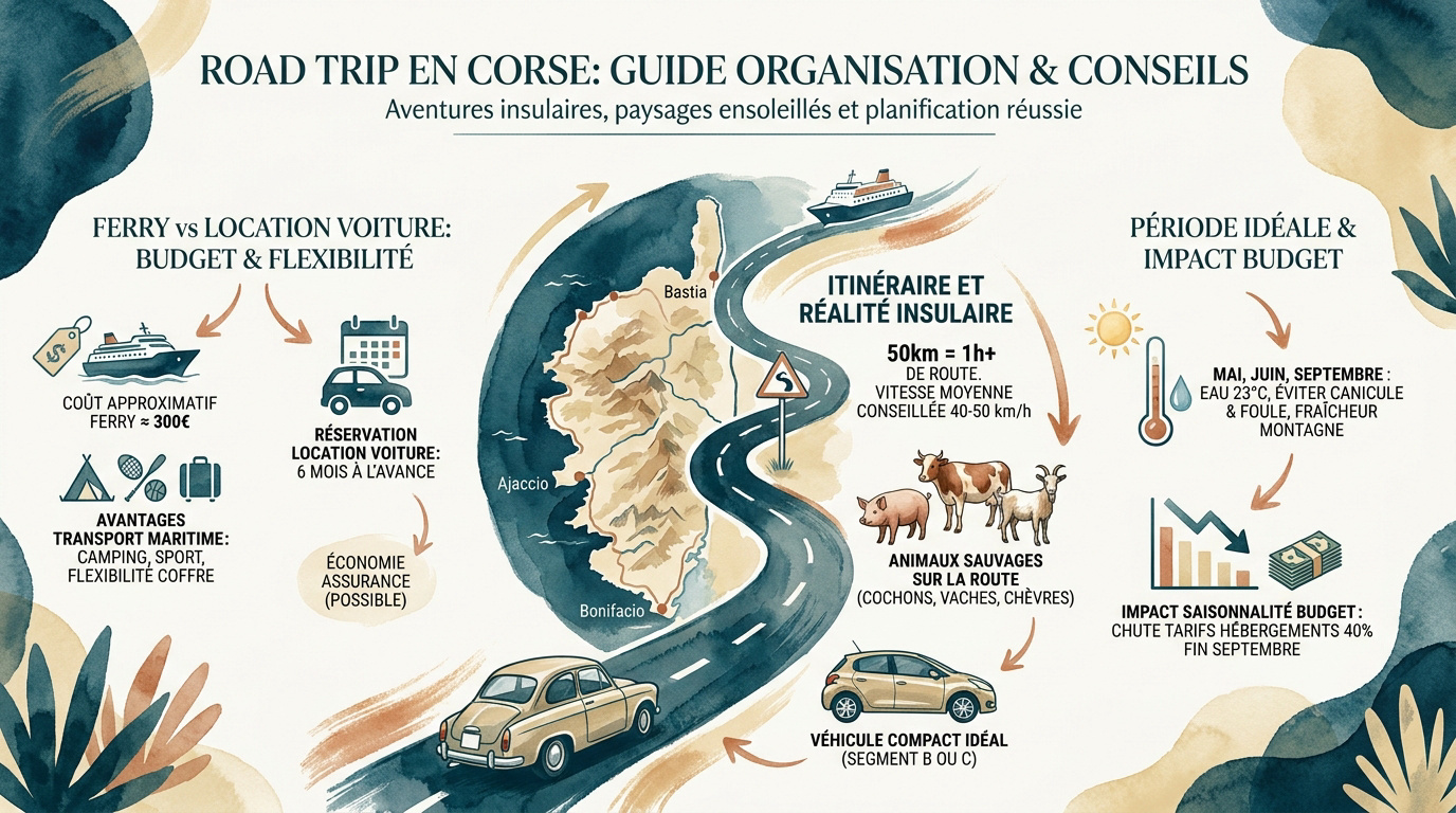 Voiture de location sur une route côtière en Corse face à la mer Méditerranée