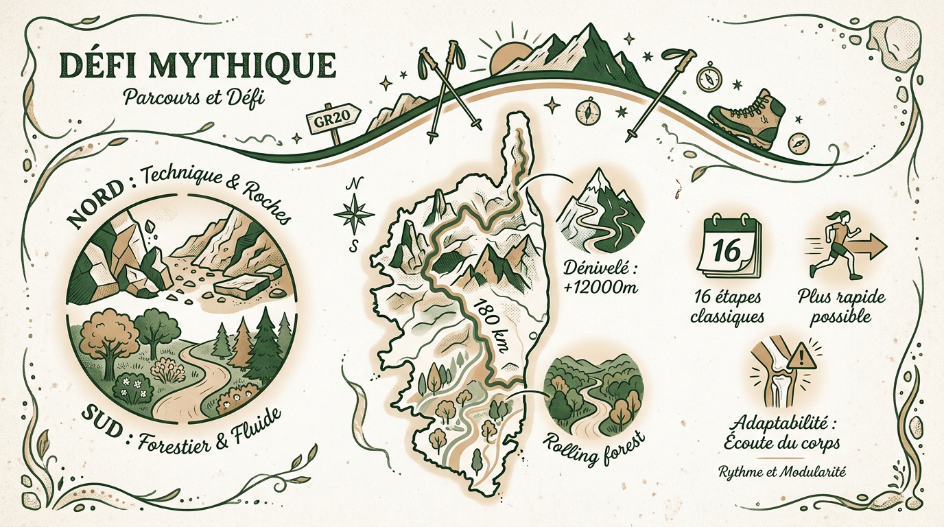 Infographie récapitulative du GR20 en Corse présentant les étapes et les dénivelés