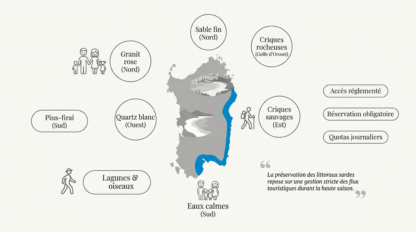 Infographie récapitulative des plus belles plages de Sardaigne et leurs caractéristiques géologiques