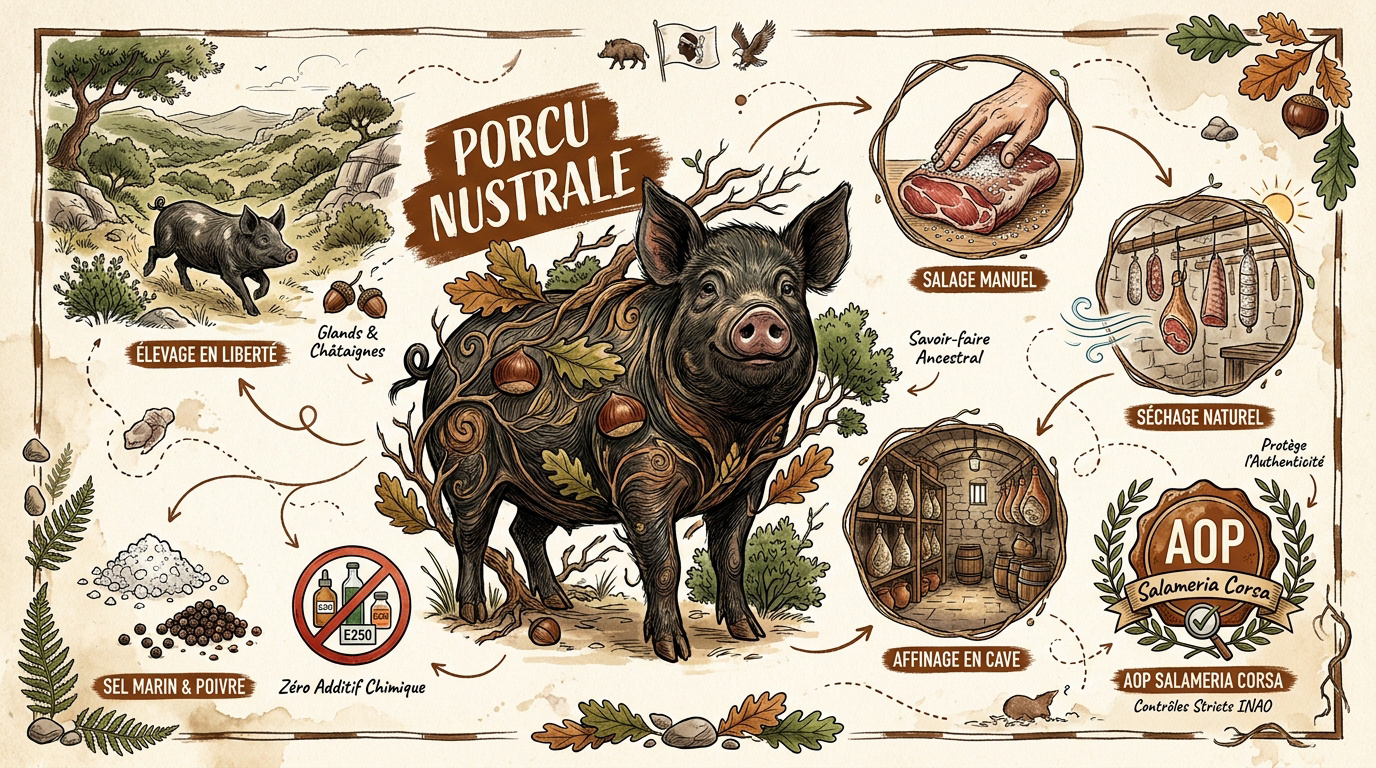 Infographie sur l'élevage du porc Nustrale et le savoir-faire de la charcuterie corse AOP